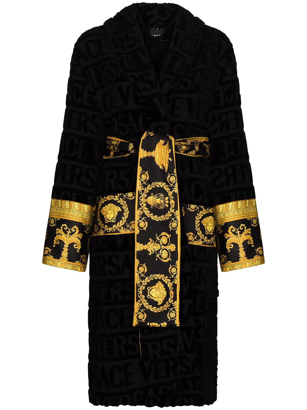 Versace Logo And Baroque-print Cotton-terry Dressing Gown In Black ...