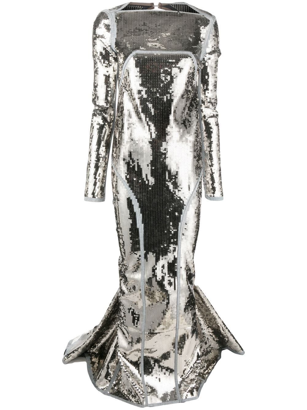 Rick Owens Denim Sequin-embellished Panel-train Cotton-blend Gown In Metallic