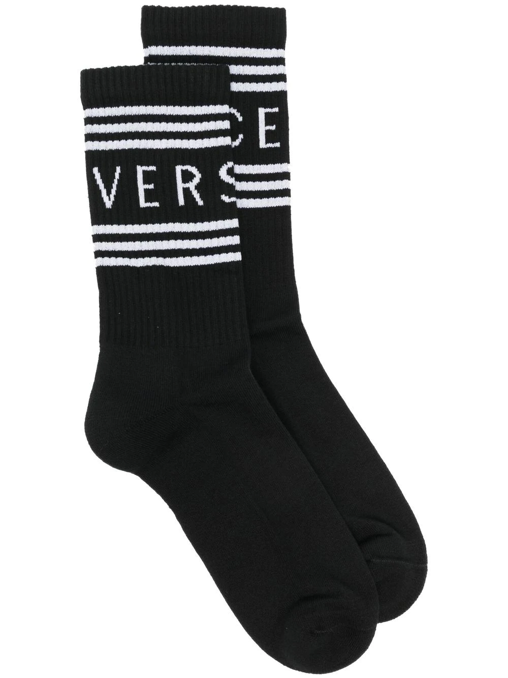 Shop Versace Ribbed Socks With Logo Print In Black