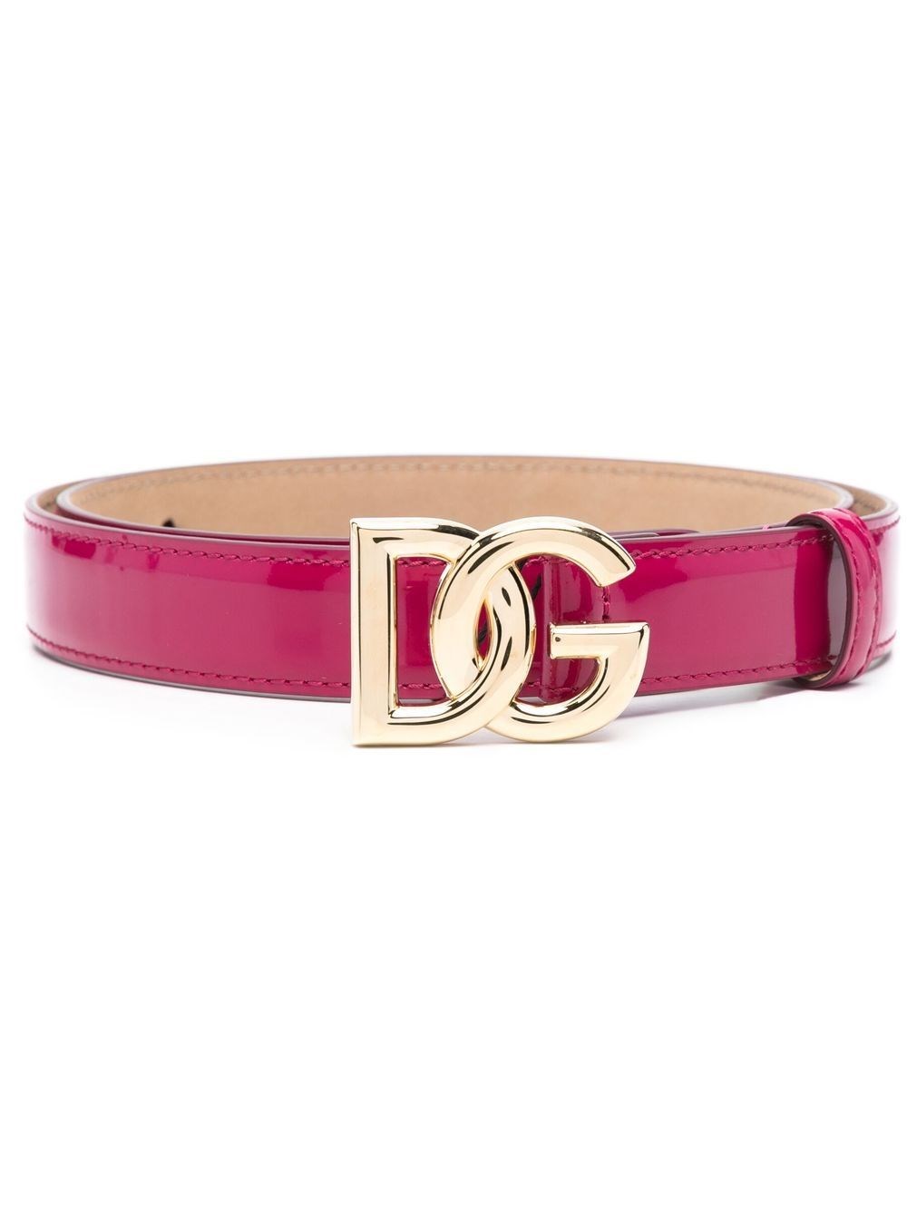 Shop Dolce & Gabbana Patent Leather Belt With Logo Plaque In Pink & Purple