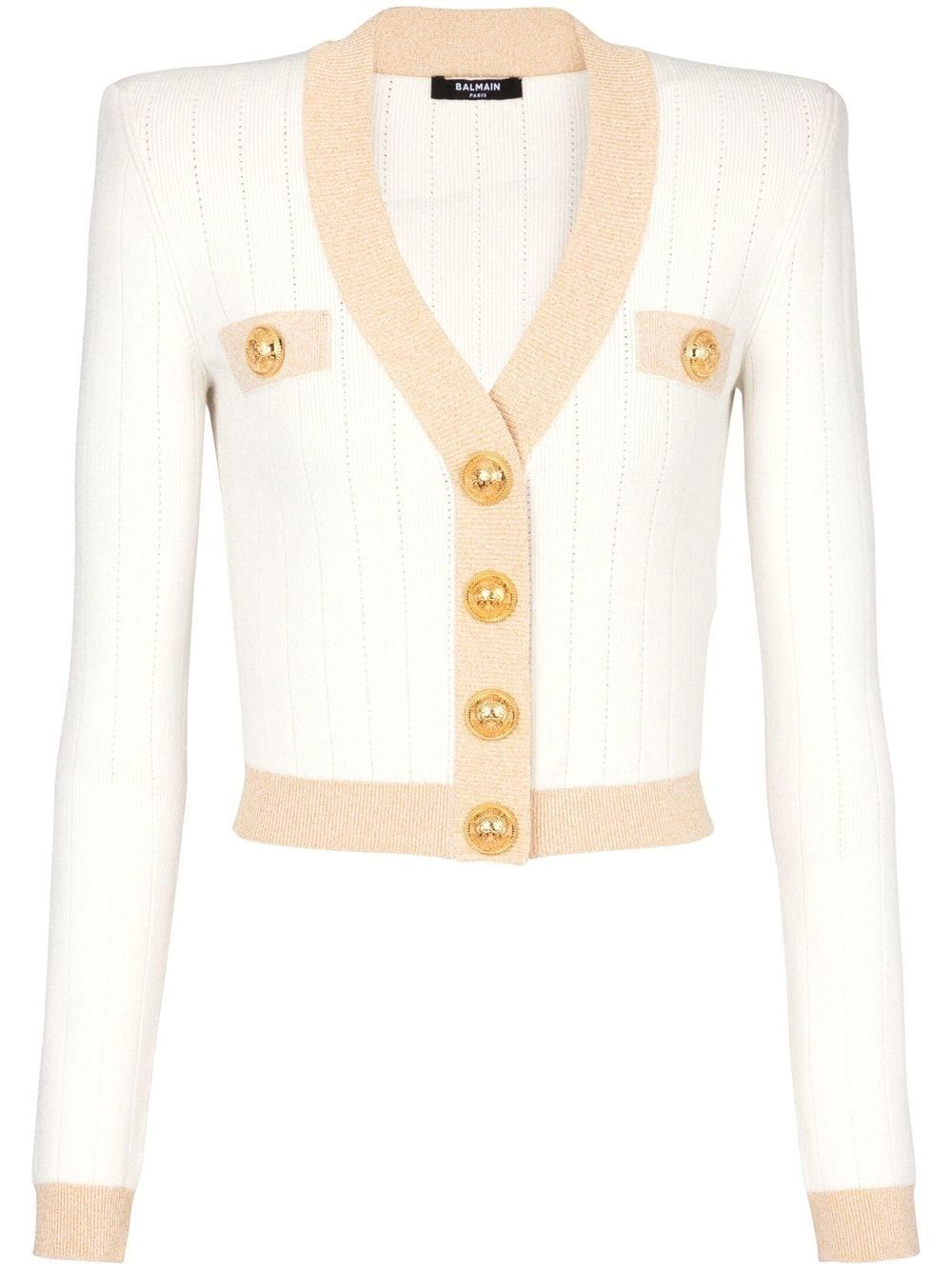 Balmain Strong-shoulder Metallic-edge Pointelle Knit Crop Cardigan In Nude & Neutrals