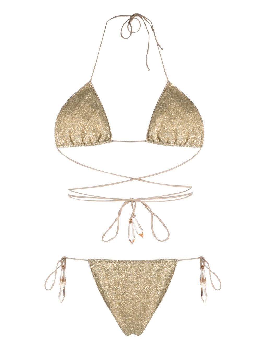 Oseree Oséree Metallic Gold Bikini With Halterneck Design And Glitter Finish In Metallic