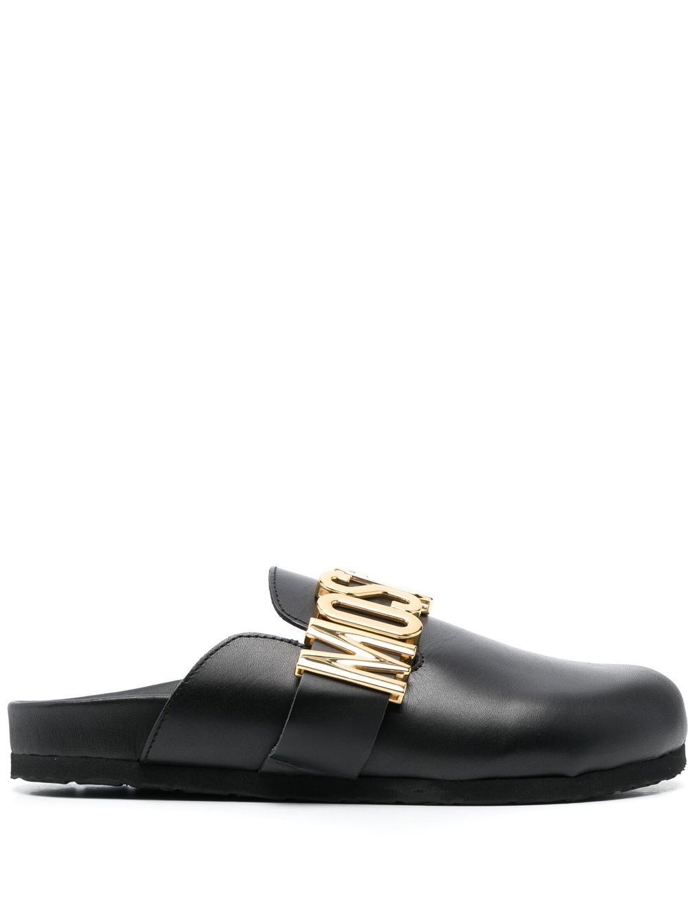 MOSCHINO LEATHER MULES WITH LOGO PLAQUE