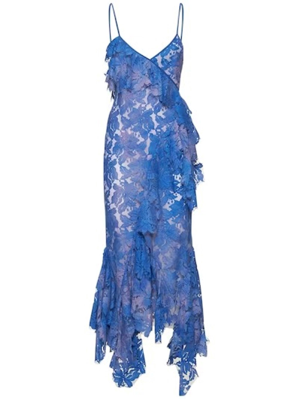 Attico Thelma Ruffle Godet-hem Lace Midi Dress In Blue