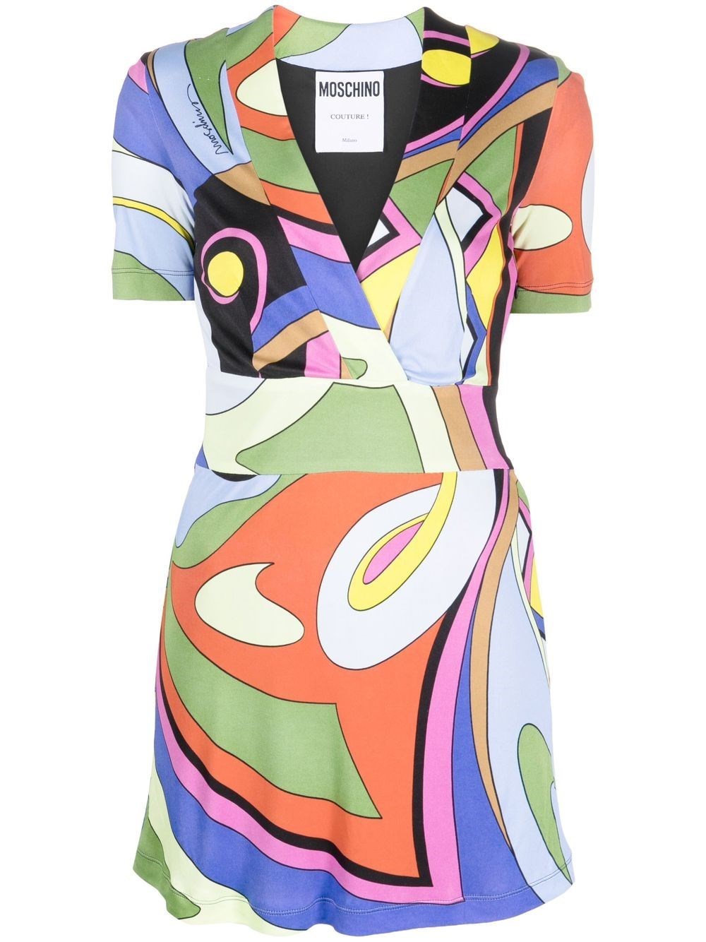 MOSCHINO GEOMETRIC PRINT V-NECK FITTED DRESS