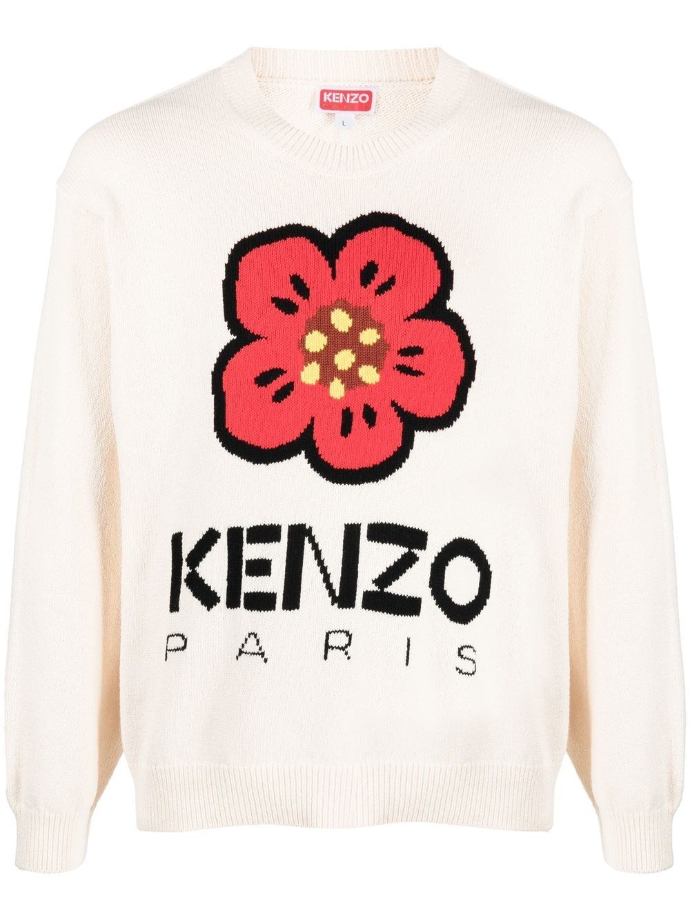 Shop Kenzo Knitted Flower Logo Sweater In Nude & Neutrals