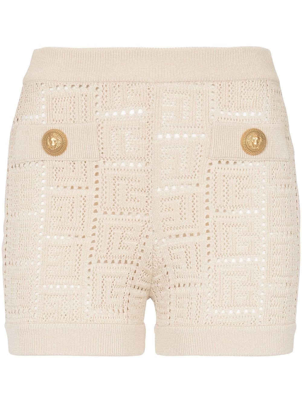 Balmain Monogrammed Openwork Knit Mini Shorts In Brown