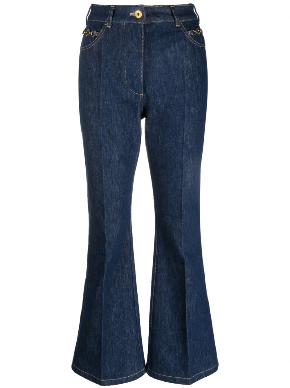 Patou Flared Denim Trousers Featuring Gold-tone Hardware In Blue