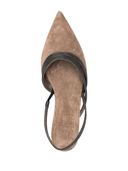 Embellished Leather Slingback Flats in Brown - Brunello Cucinelli