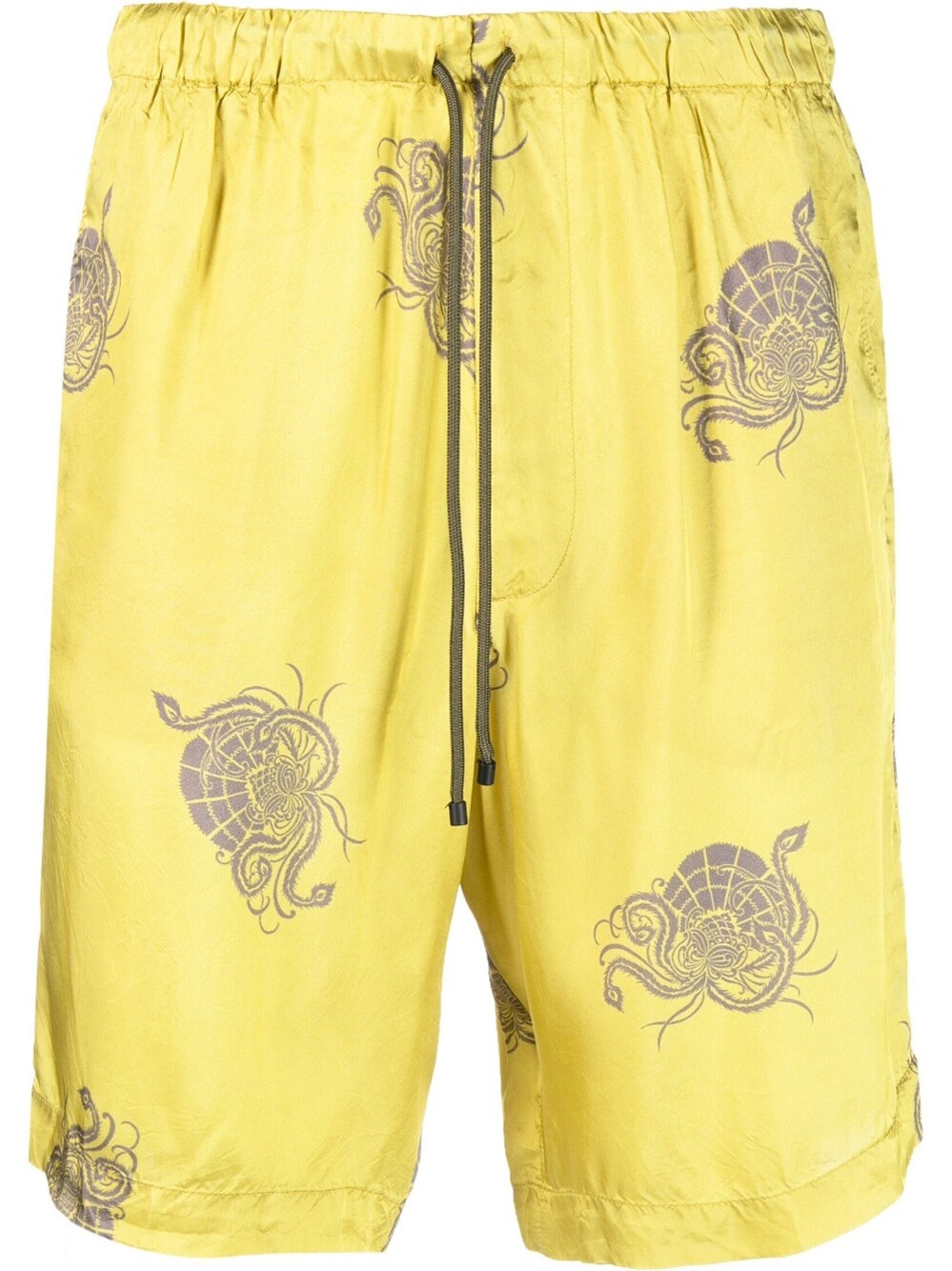 Shop Dries Van Noten Loose Fit Shorts In Viscose With Elasticated Waist, With `dragon Motif` Print. In Yellow & Orange