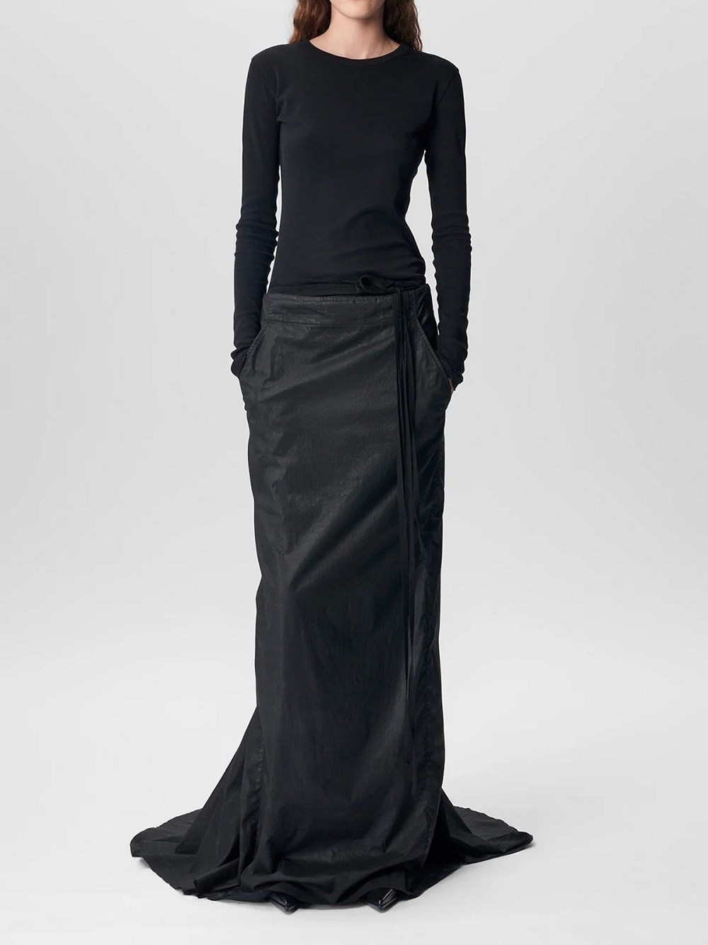 Ann Demeulemeester Mien Waxed Cotton Long Train Skirt In Black