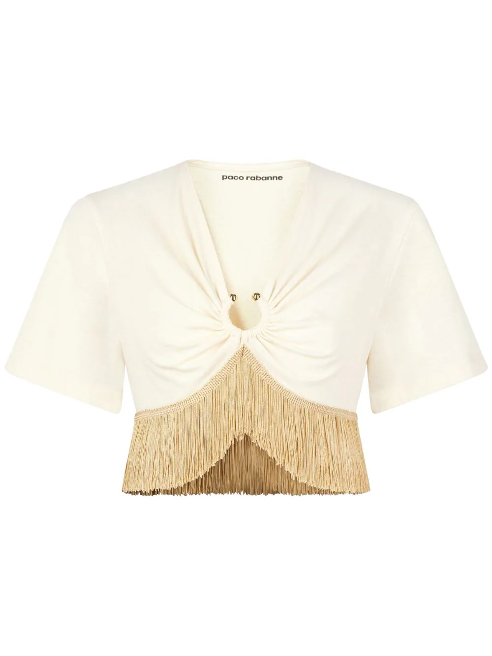 Rabanne Fringed-hem Gathered Crop T-shirt In Nude & Neutrals