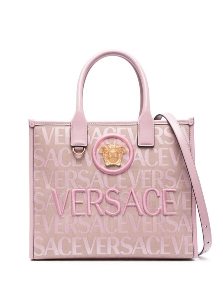Pink Small logo-jacquard canvas tote bag, Versace