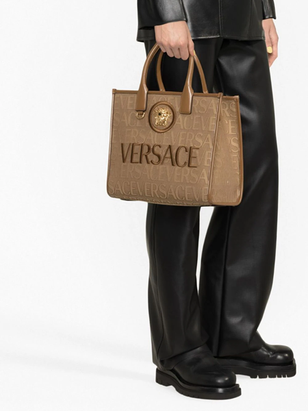 Leather Trimmed Jacquard Belt Bag in Beige - Versace