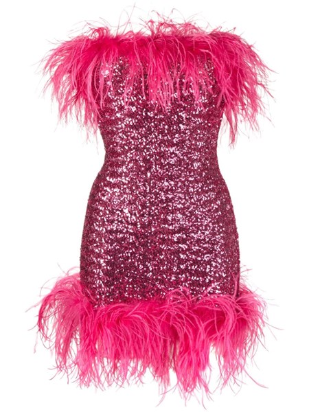 Vestito Con Paillettes E Spalline In Piume Fucsia Donna