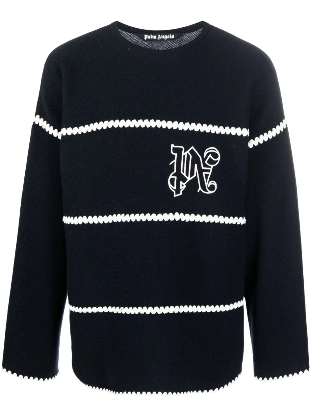 Palm Angels Navy And White Knit Sweater With Paint Monogram Stripes In Blue