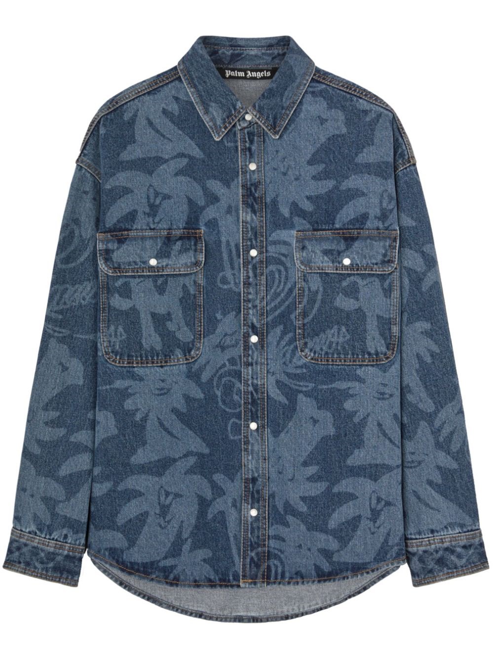 Shop Palm Angels Palmity Denim Shirt With Print In Blue