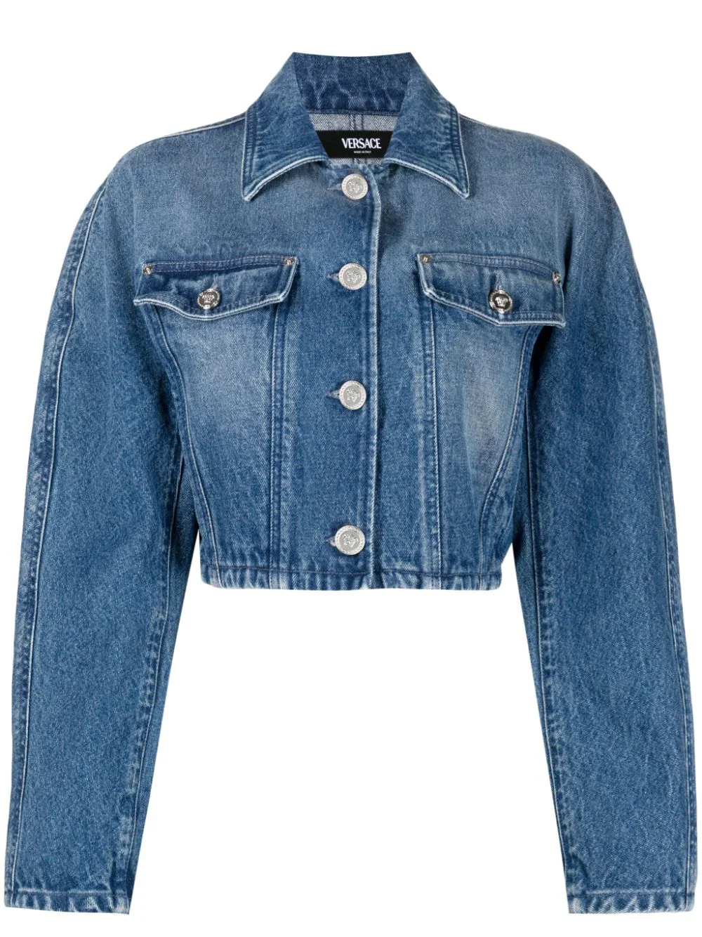 Shop Versace Cropped Denim Jacket In Blue