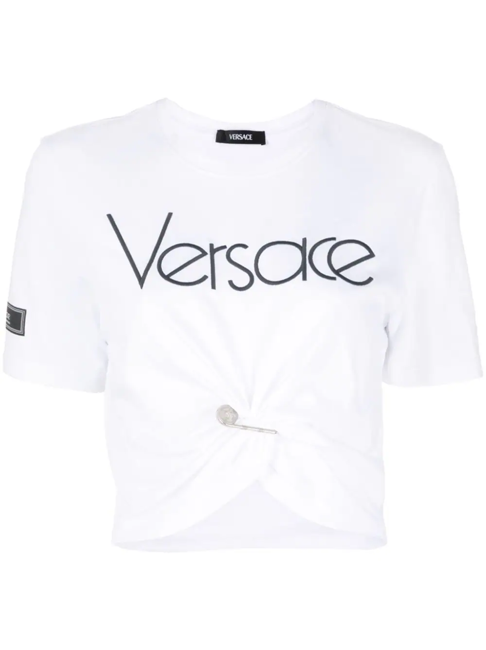 Versace Safety-pin Logo Embroidered Crop T-shirt In White