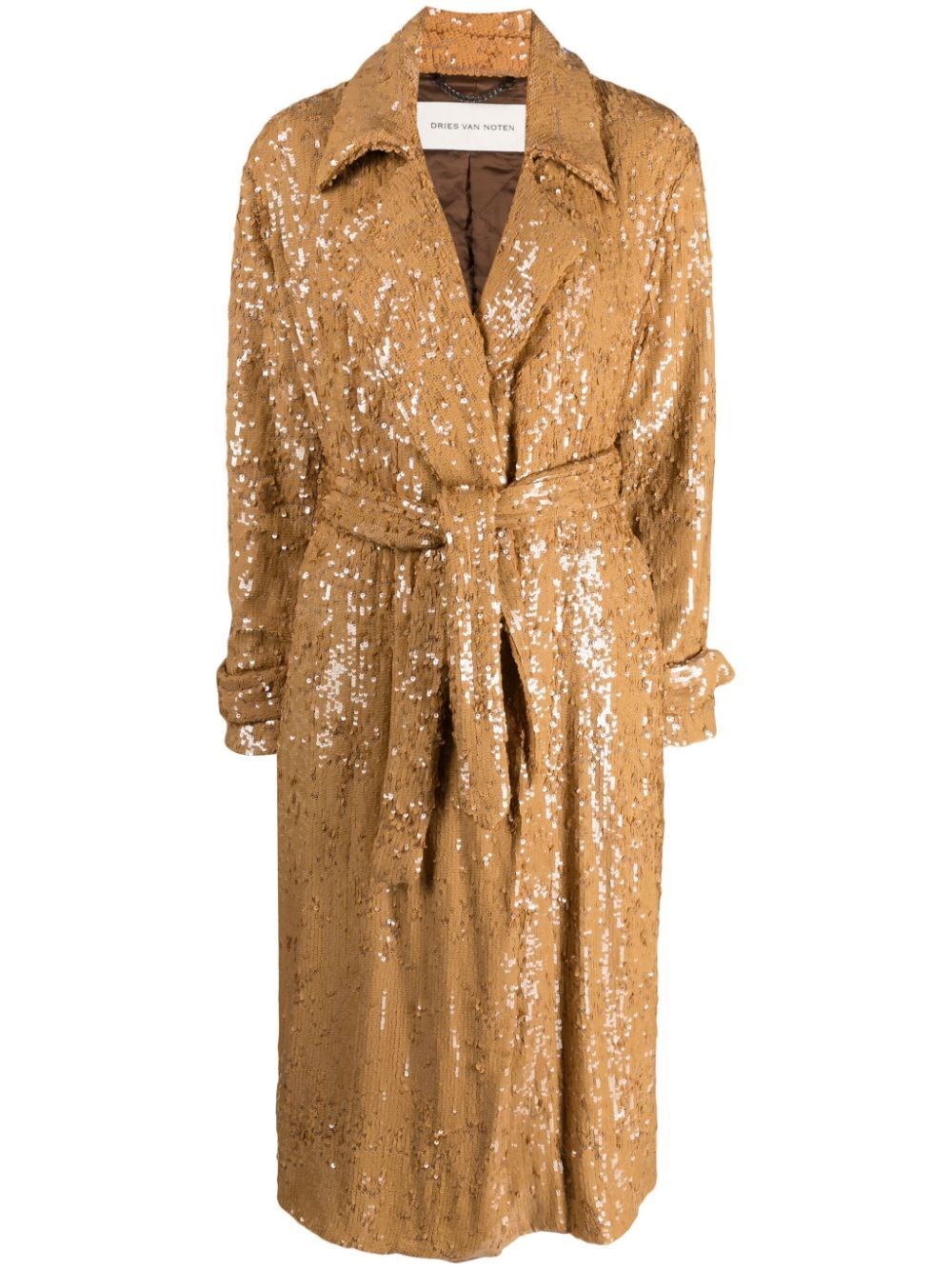 Dries Van Noten Ronas Coat In Viscose With Sequins And Belt In Brown