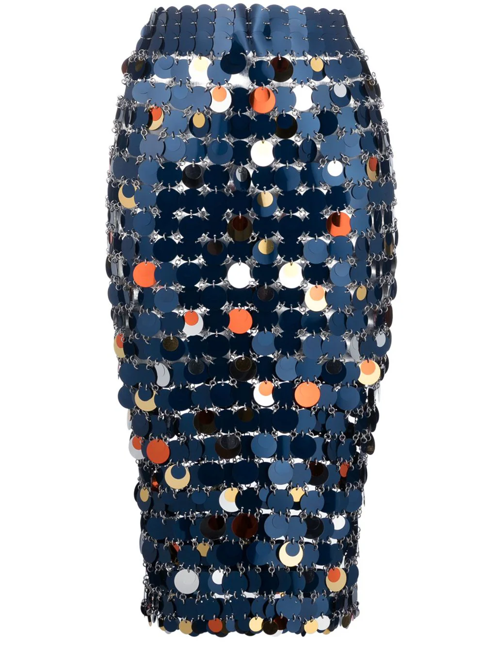 Rabanne Paillette-chainmail Pencil Midi Skirt In Blue