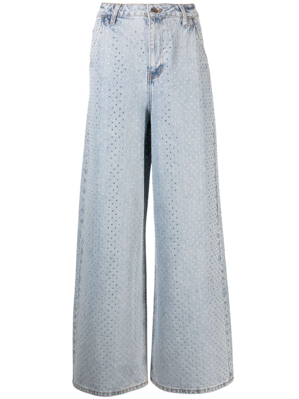 Shop Self-portrait High-waisted Jeans With Rhinestones And Wide Leg In Blue