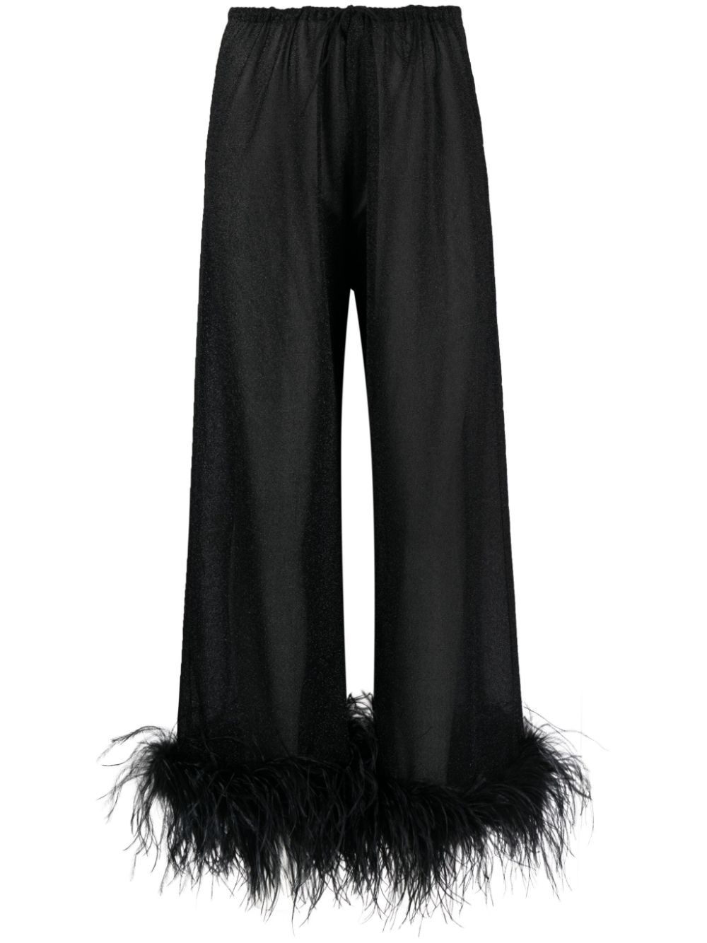 Shop Oseree Wide-leg Trousers With Feather Detail In Black