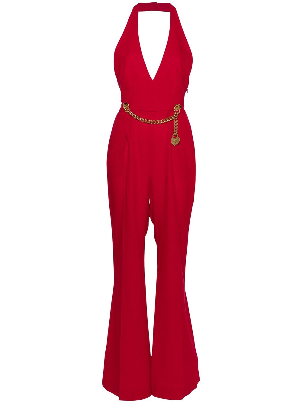 Shop Moschino Jumpsuit With Halter Neck And Padlock Detail In Red