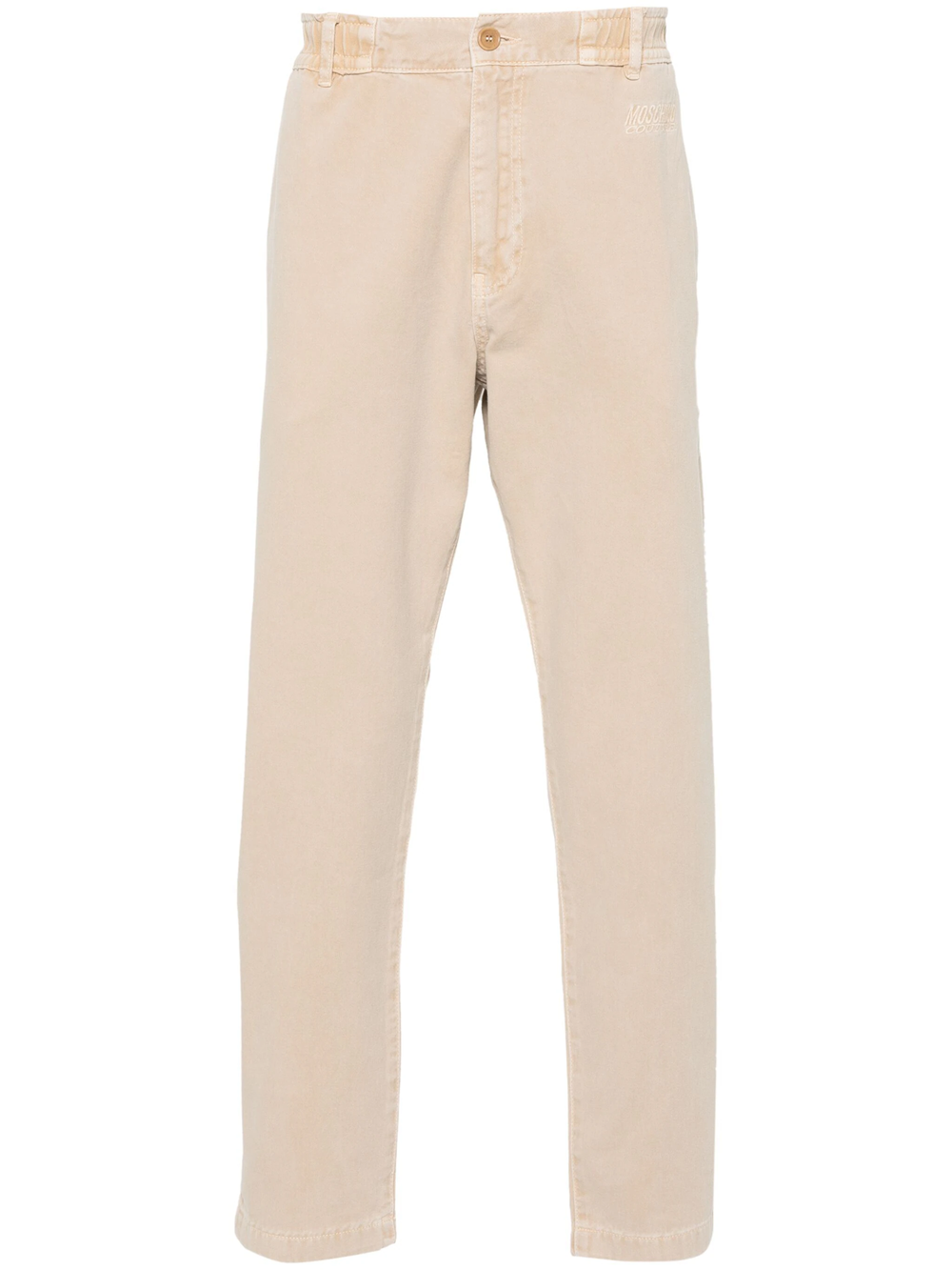 Shop Moschino Tapered Trousers With Embroidery In Nude & Neutrals