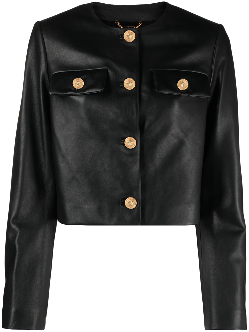Shop Versace Leather Jacket With Padded Shoulder Straps In Black