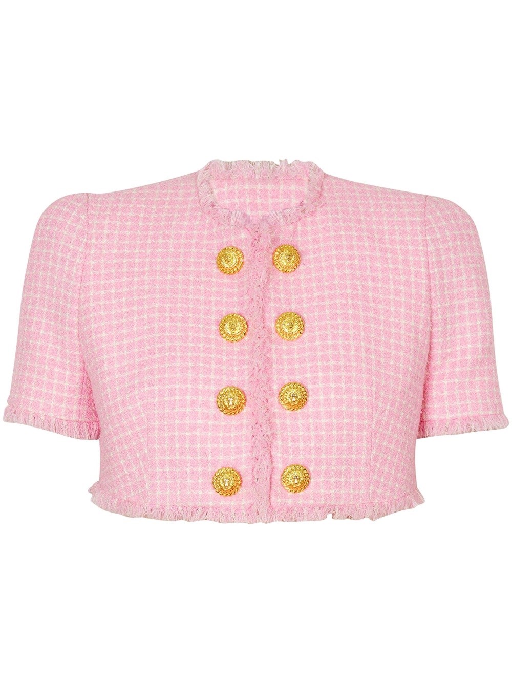 Shop Balmain Checkered Crop Jacket In Pink & Purple