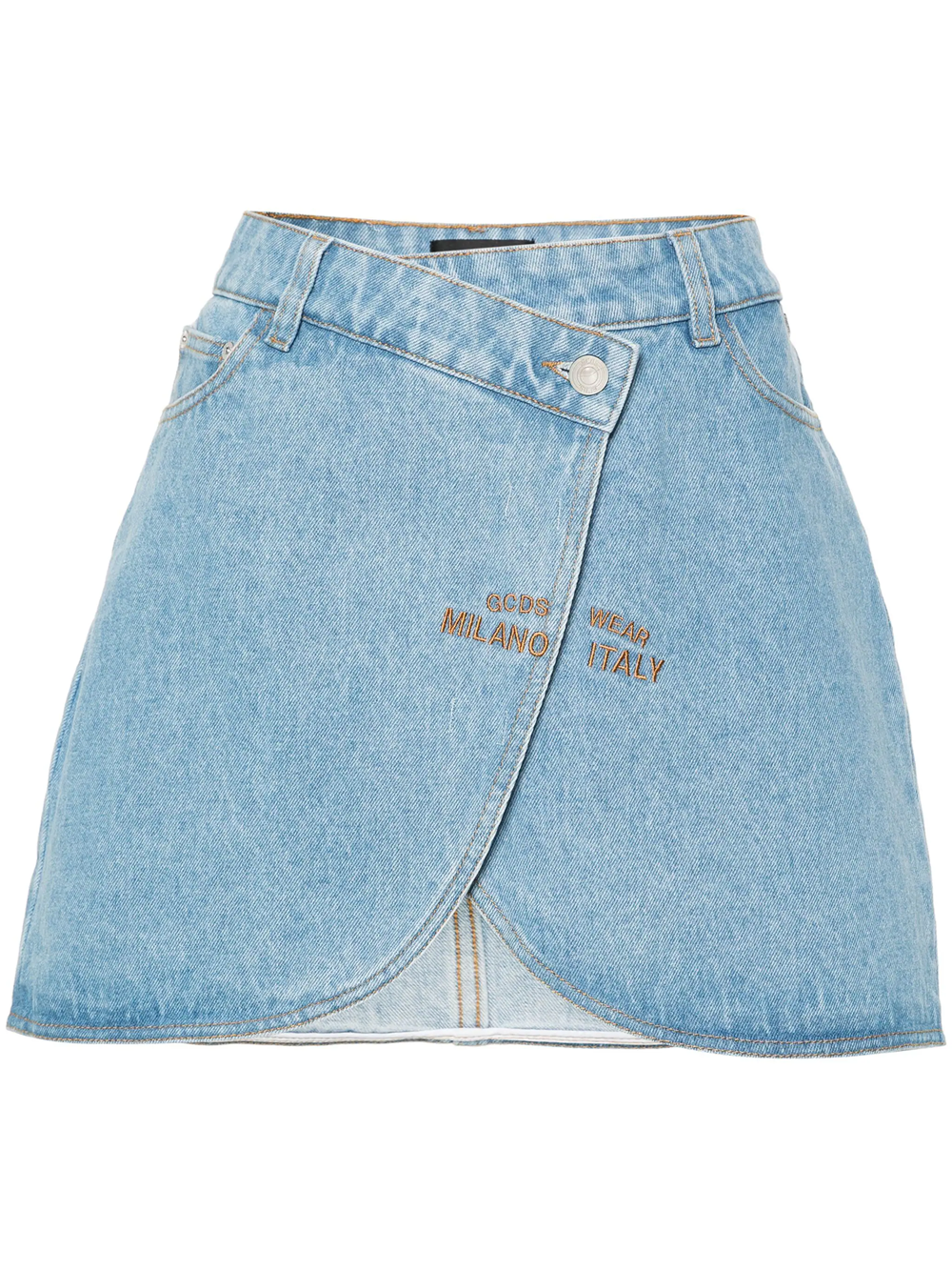Shop Gcds Denim Miniskirt With Embroidered Logo In Blue