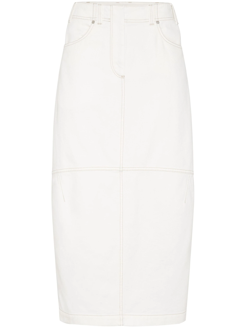 Shop Brunello Cucinelli High-waisted Denim Midi Skirt In Nude & Neutrals