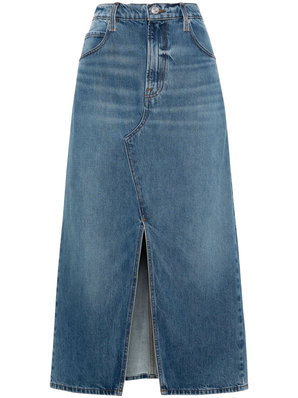 Shop Frame Midaxi Midi Denim Skirt In Blue