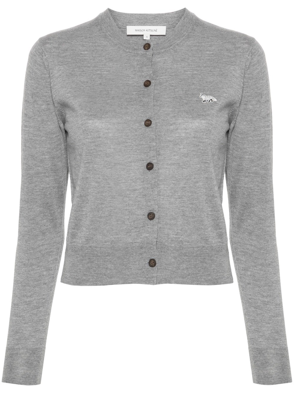 Shop Maison Kitsuné Wool Cardigan With Logo Embroidery In Grey