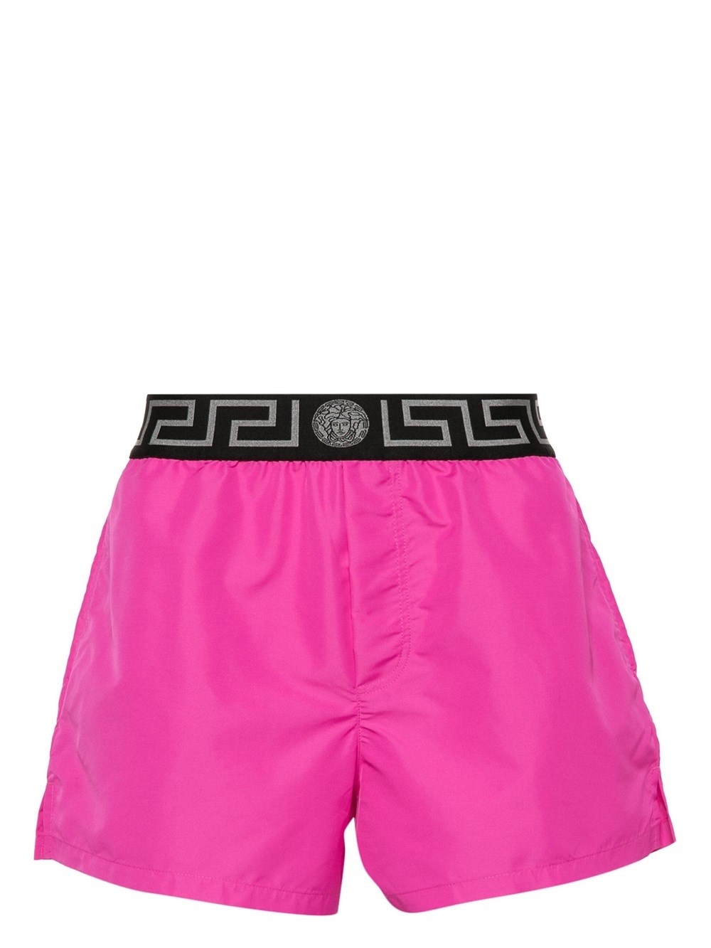 Shop Versace Greca Swimsuit With Logo Band In Pink & Purple