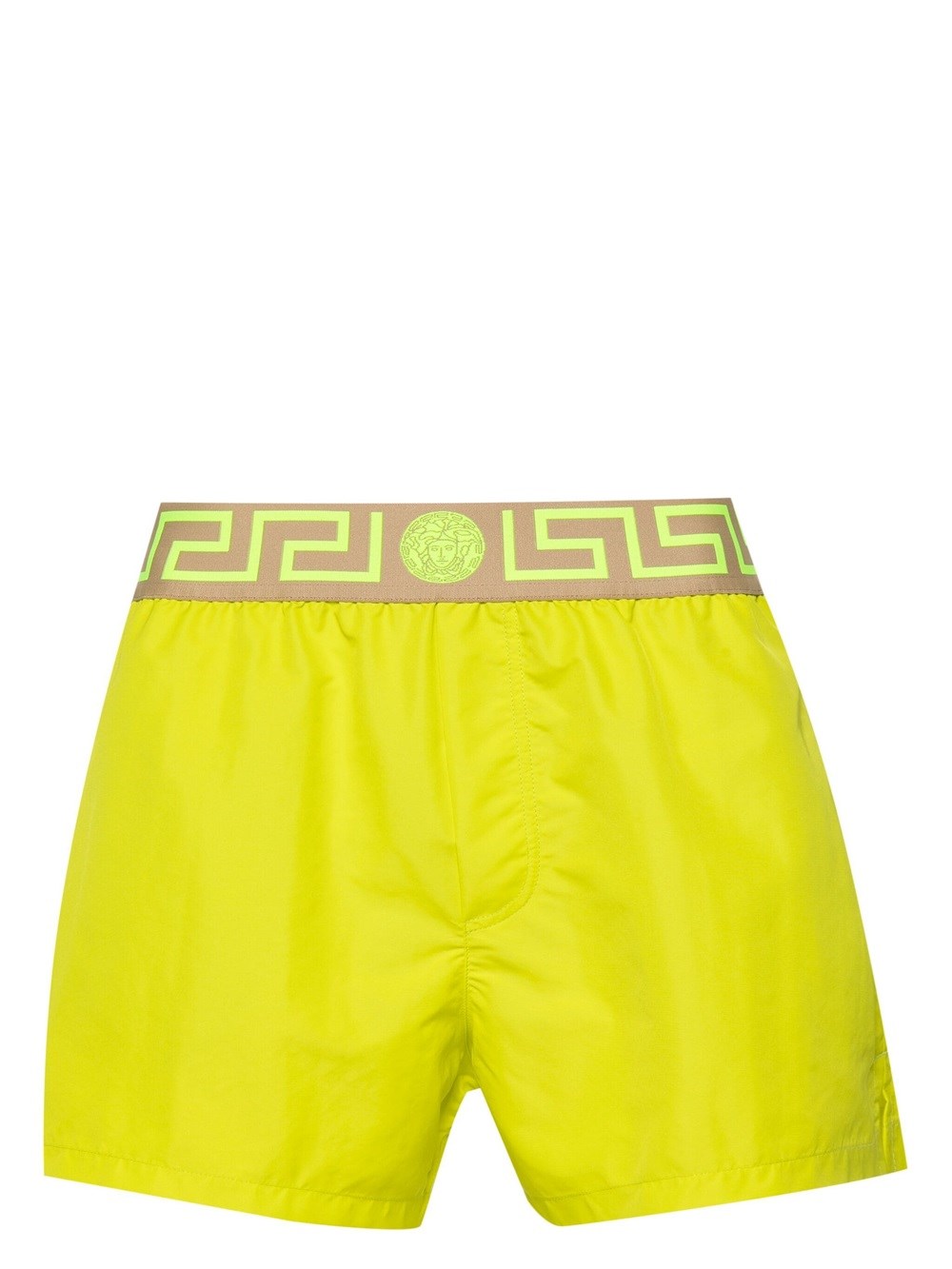 Shop Versace Greek Key Swimsuit In Yellow & Orange