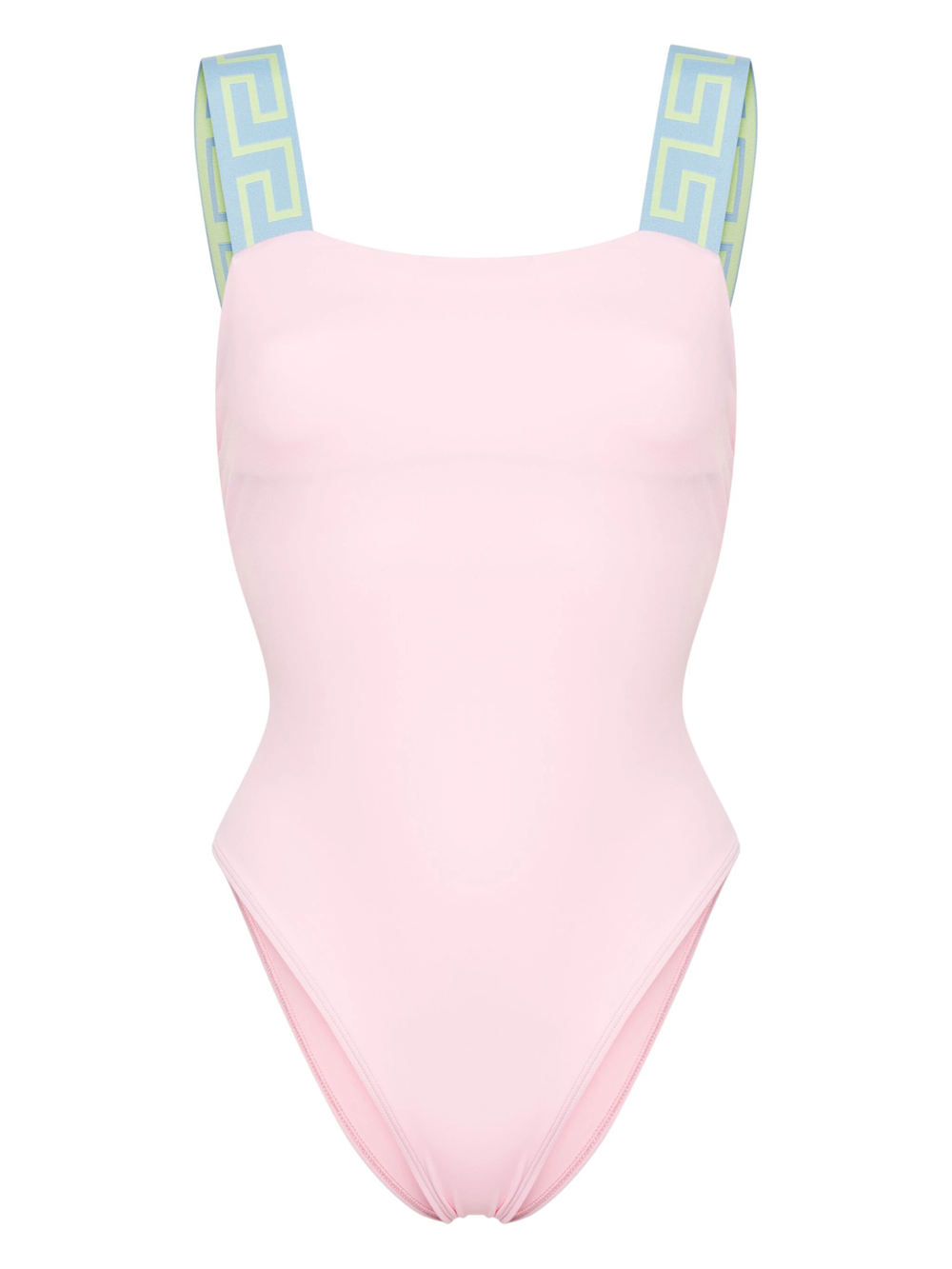 Shop Versace Greca Border One-piece Swimsuit In Pink & Purple