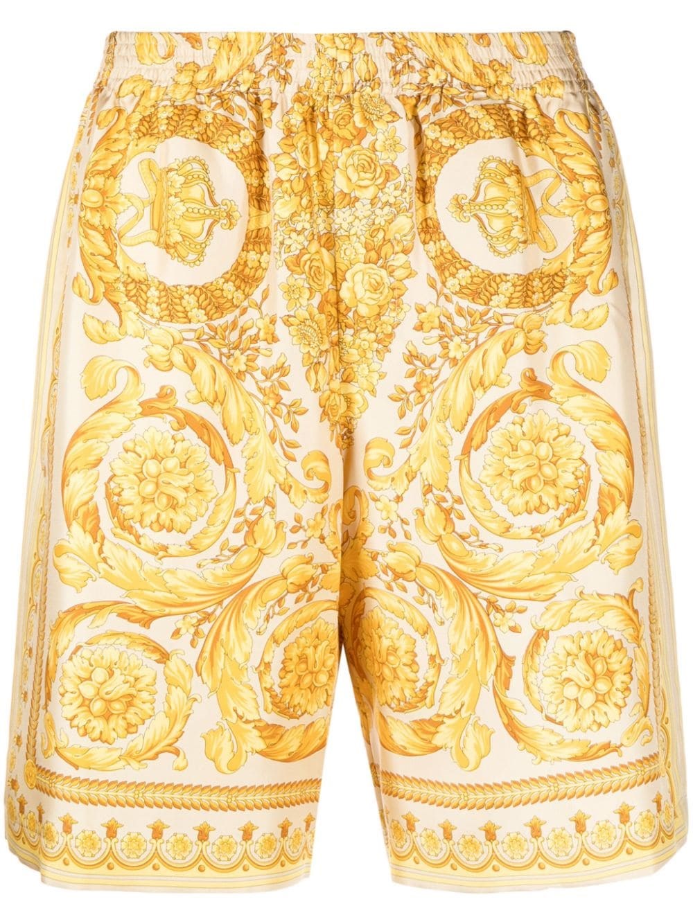 Shop Versace Shorts With Baroque Print In Yellow & Orange