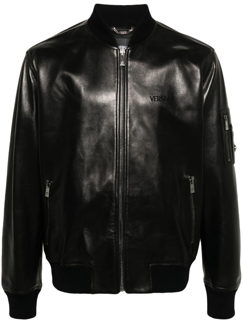 Shop Versace Leather Bomber Jacket In Black