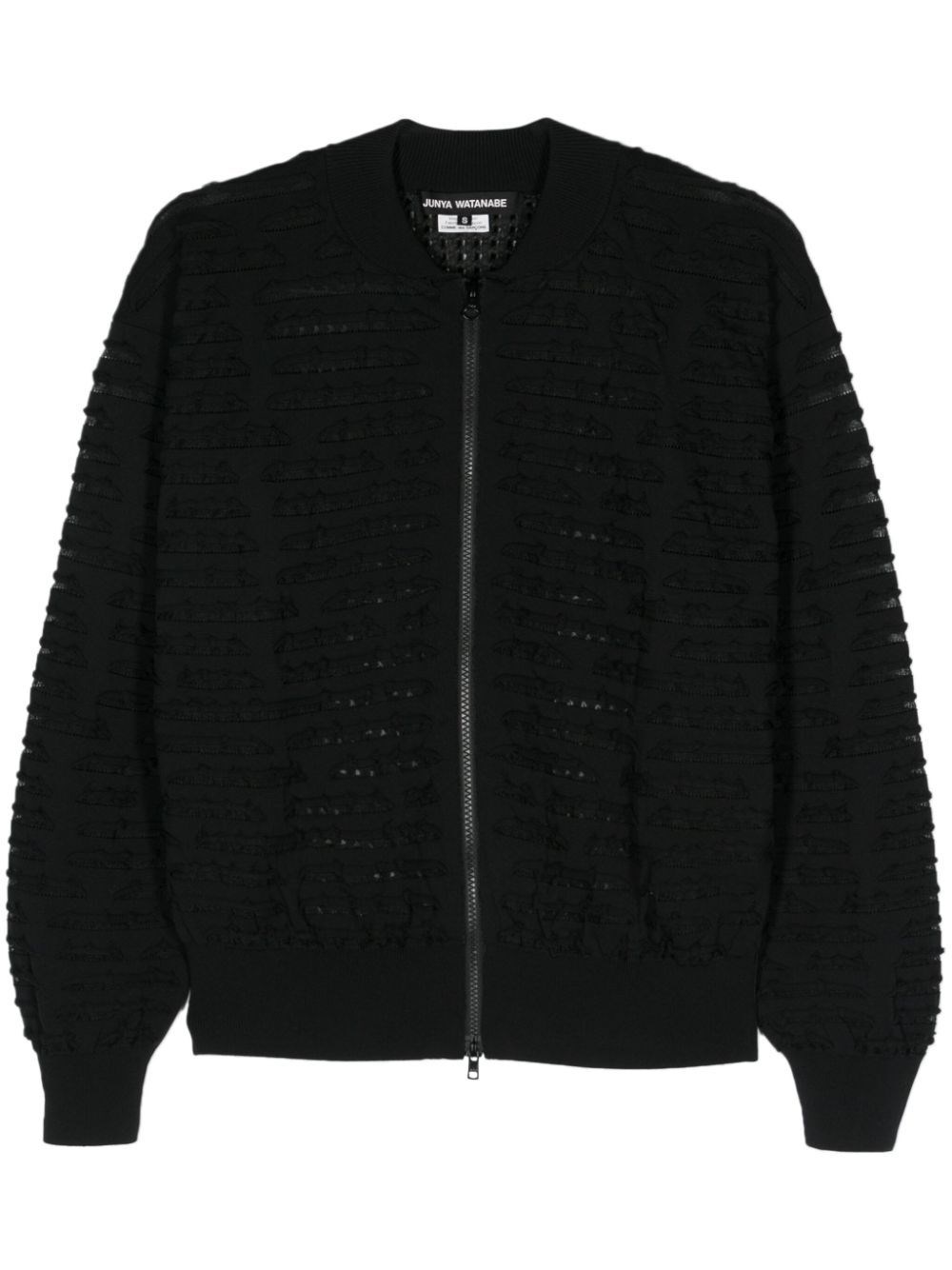 Shop Junya Watanabe Distressed-effect Knitted Zip Cardigan In Black