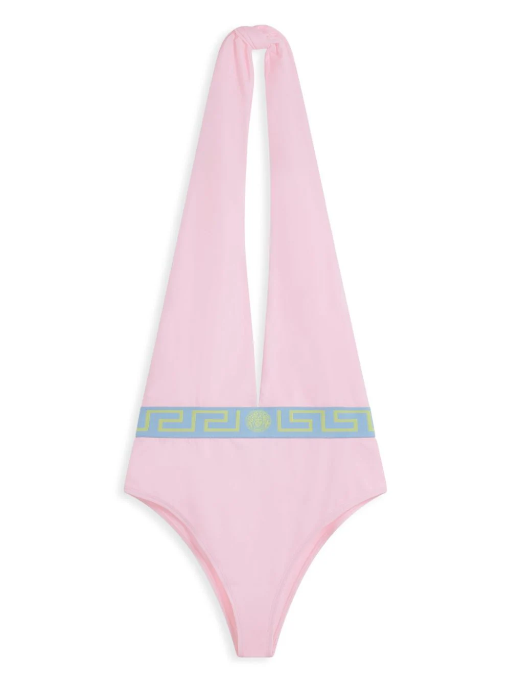 Shop Versace Greca One-piece Swimsuit With Halter Neck In Pink & Purple