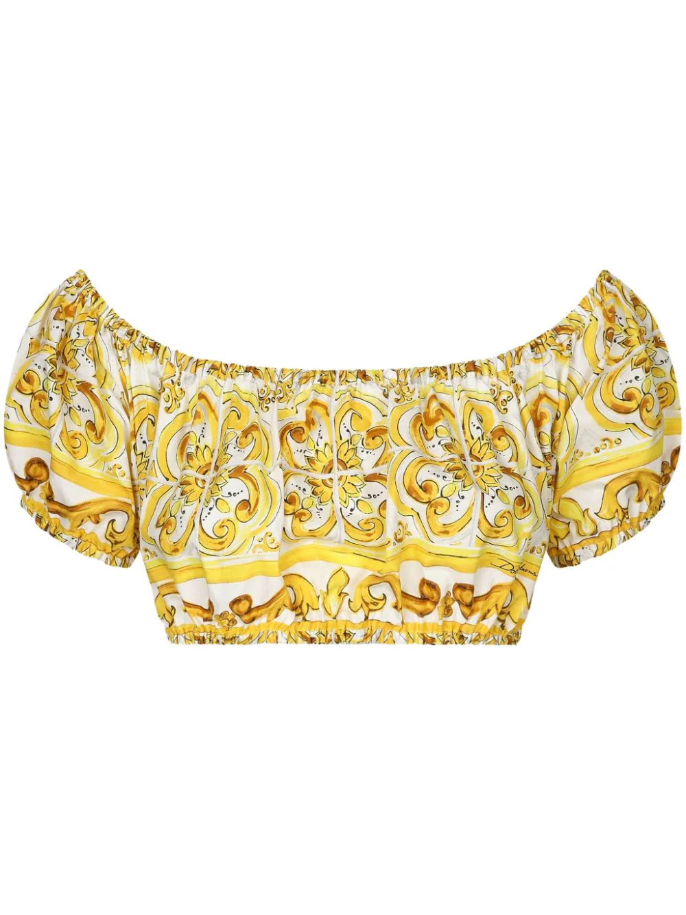 Shop Dolce & Gabbana Crop Top With Majolica Print In Yellow & Orange