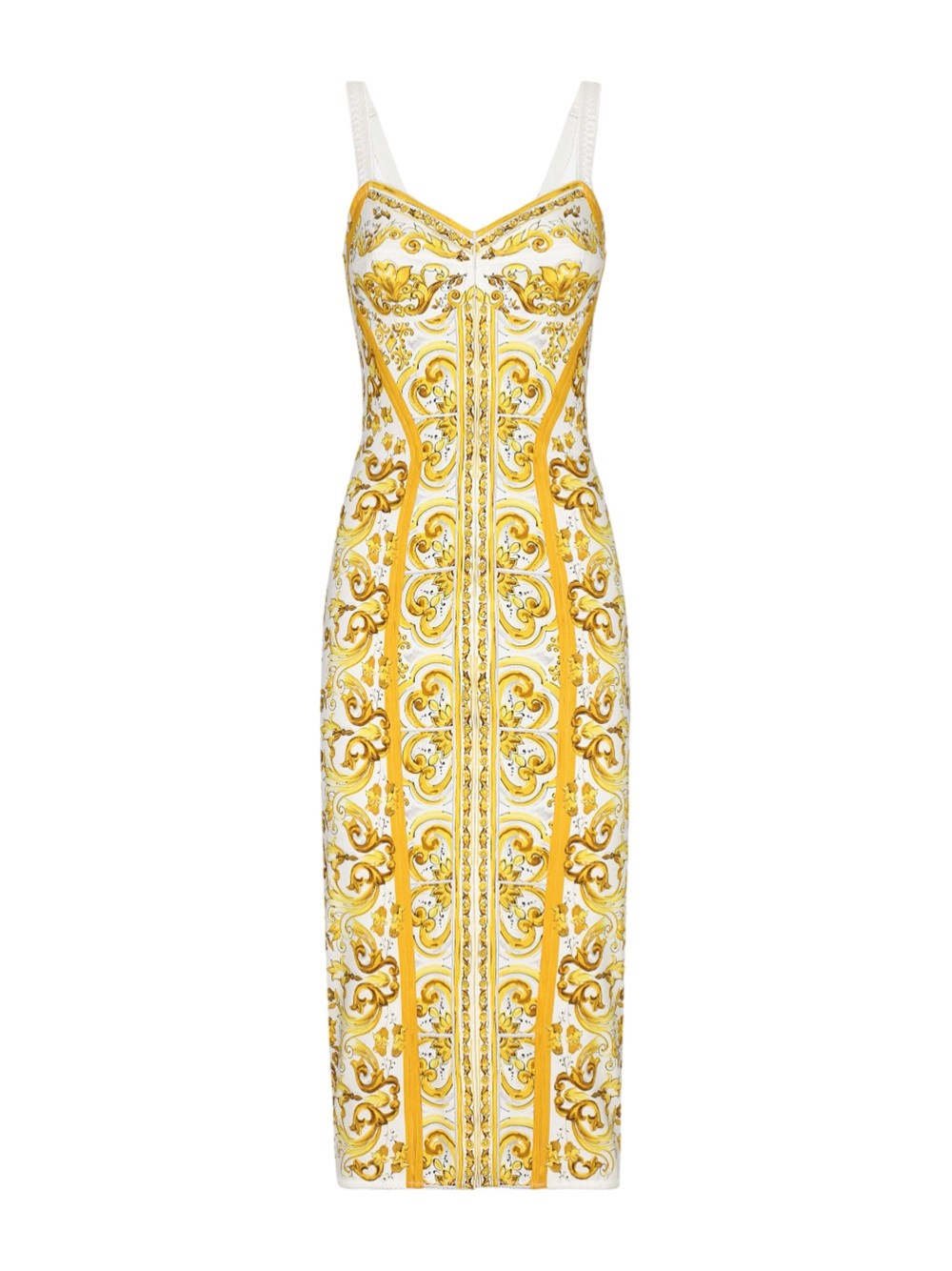 Shop Dolce & Gabbana Maiolica Print Silk Charmeuse Bustier Dress: In Yellow & Orange