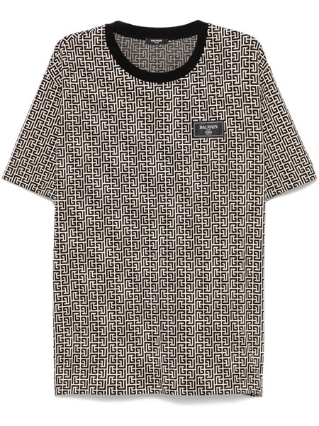 Balmain Grey T-shirt With Logo Applied On The Chest And All-over Labyrinth Motif In Cotton Man In Multicolour