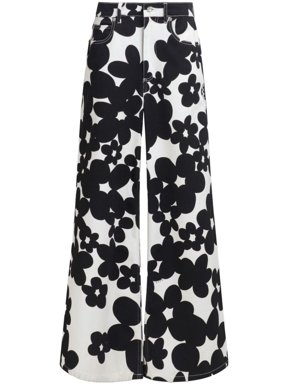 Shop Marni Flared Trousers With Floral Print In Black