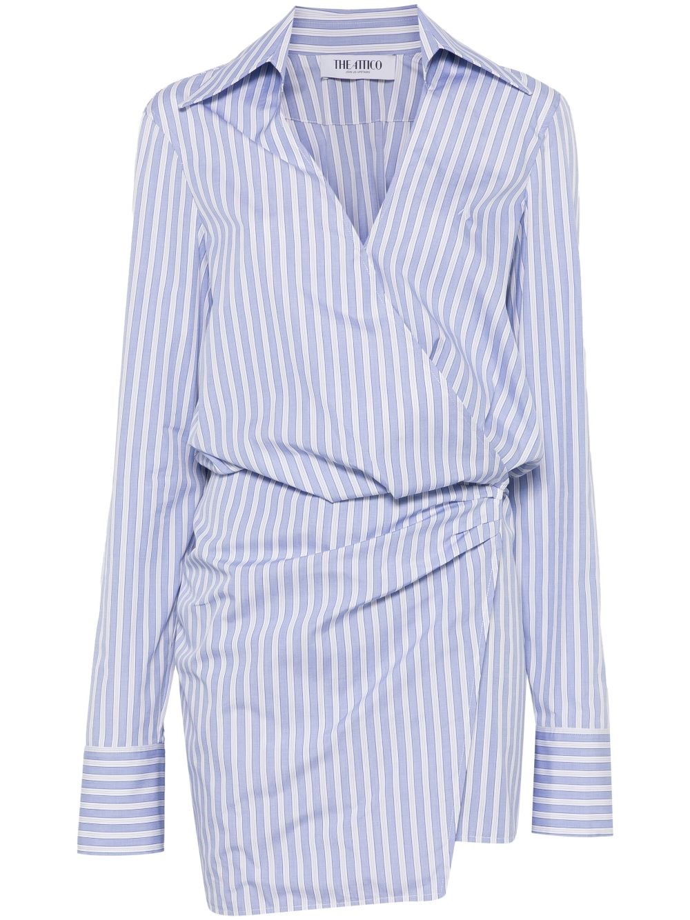 Attico Mini Striped Dress With V-neck, Long Sleeves, White And Navy Blue Cotton, Tied Waist In Multicolour