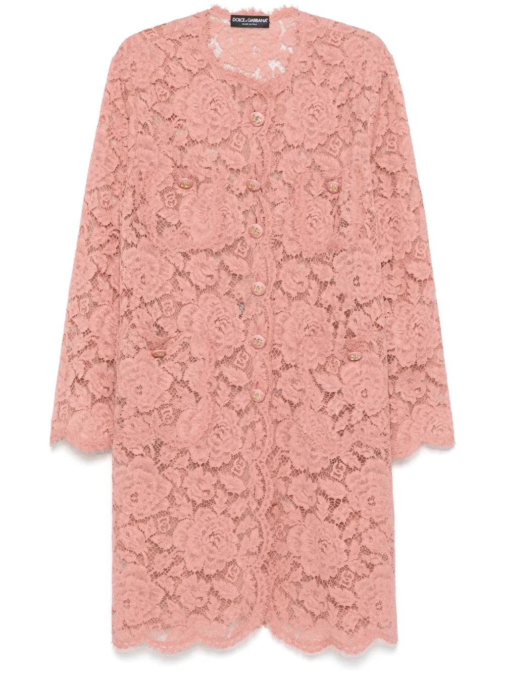Dolce & Gabbana Collarless Lace Floral Patch Pockets Coat In Pink & Purple