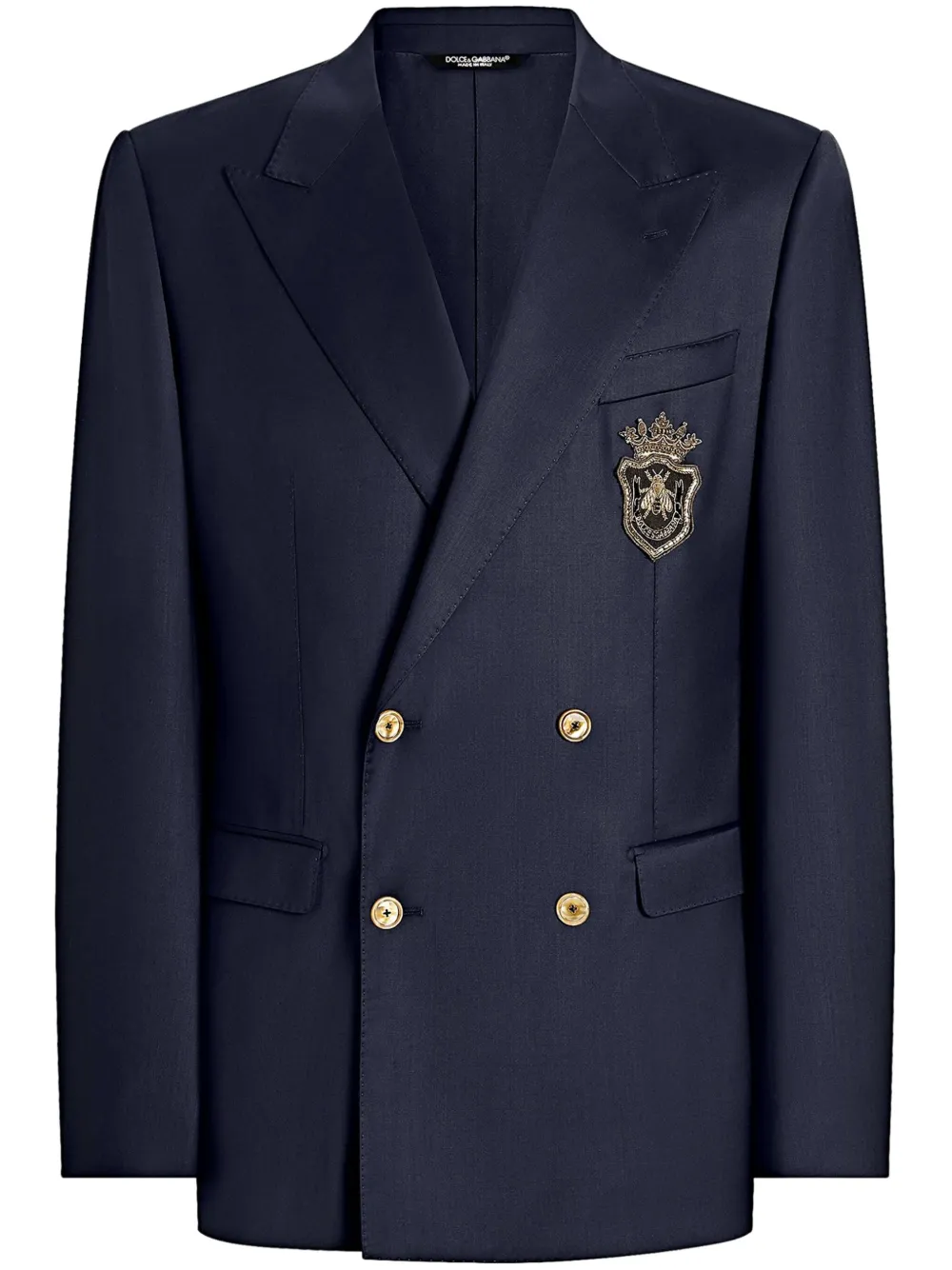 Dolce & Gabbana Men Double-breasted Wool Jacket With Patch In Blue