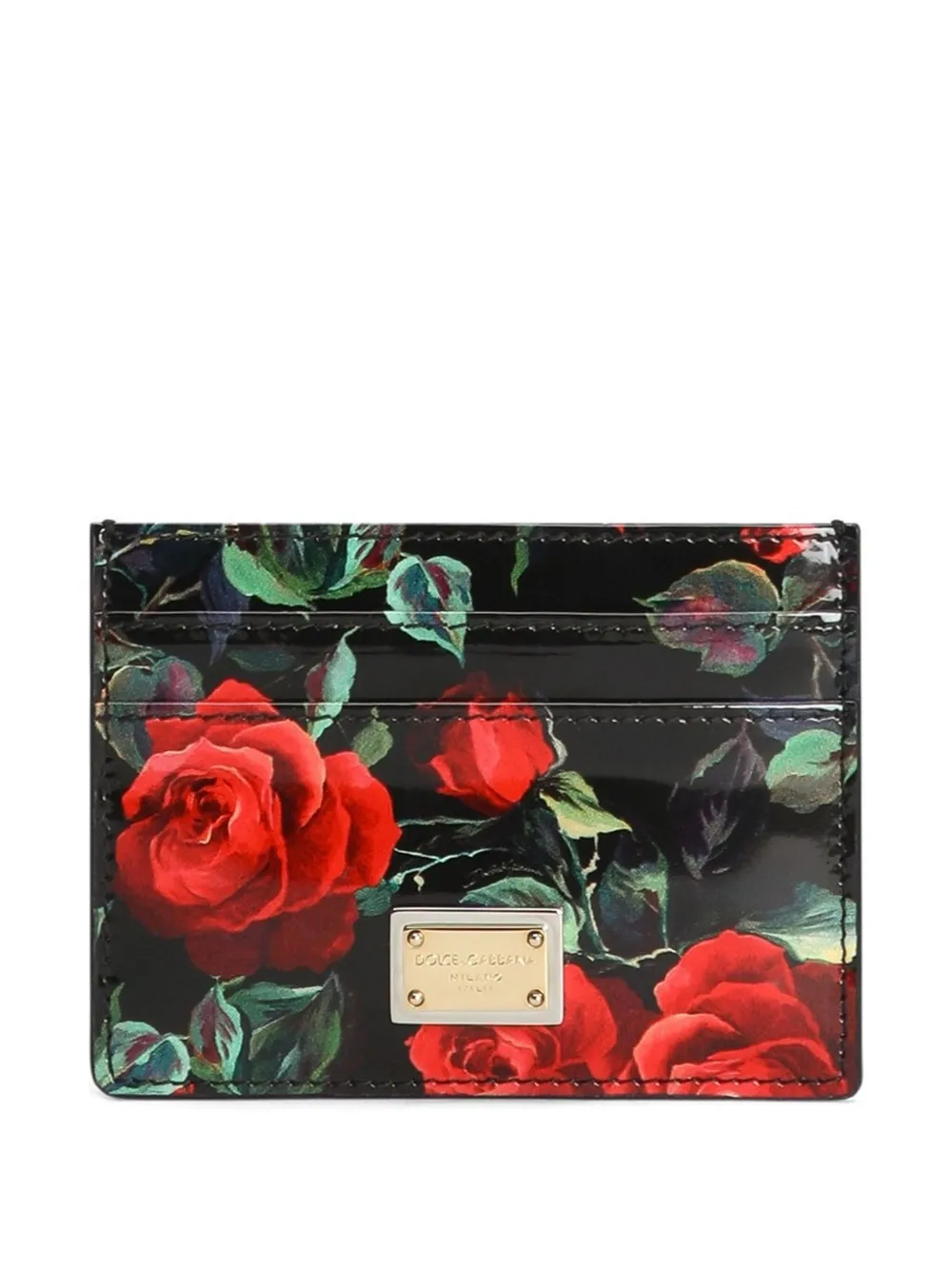 Dolce & Gabbana Polished Calfskin Rose Print Card Holder Accessories In Multicolour